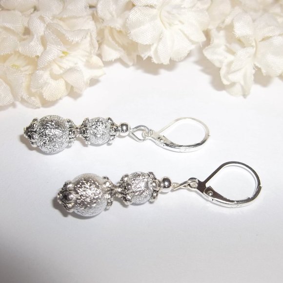 Silver Glittery Earrings Set Handmade Simple Minimalist Style Dangle NWT 5793 - Picture 4 of 8